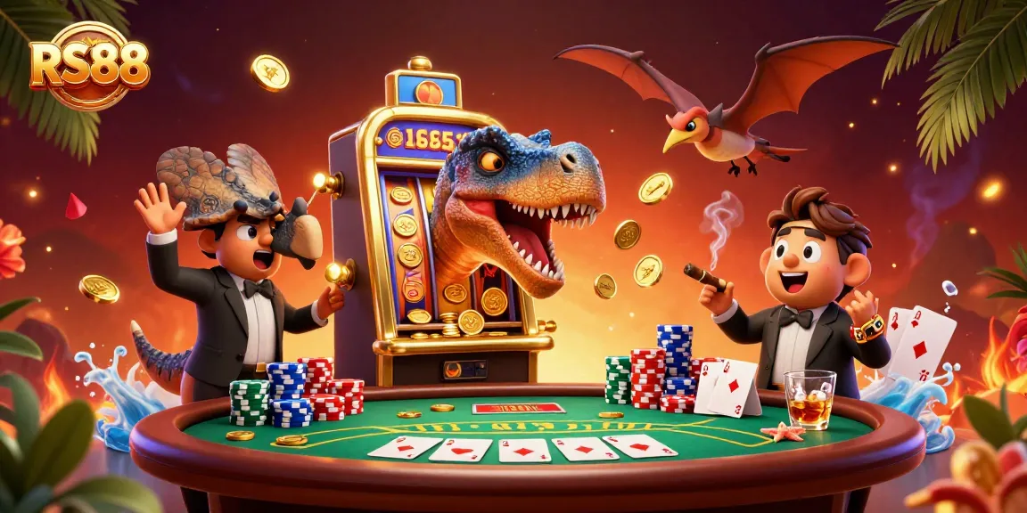 RS88 players win jackpots as a dinosaur interacts with a slot machine in a vibrant casino.