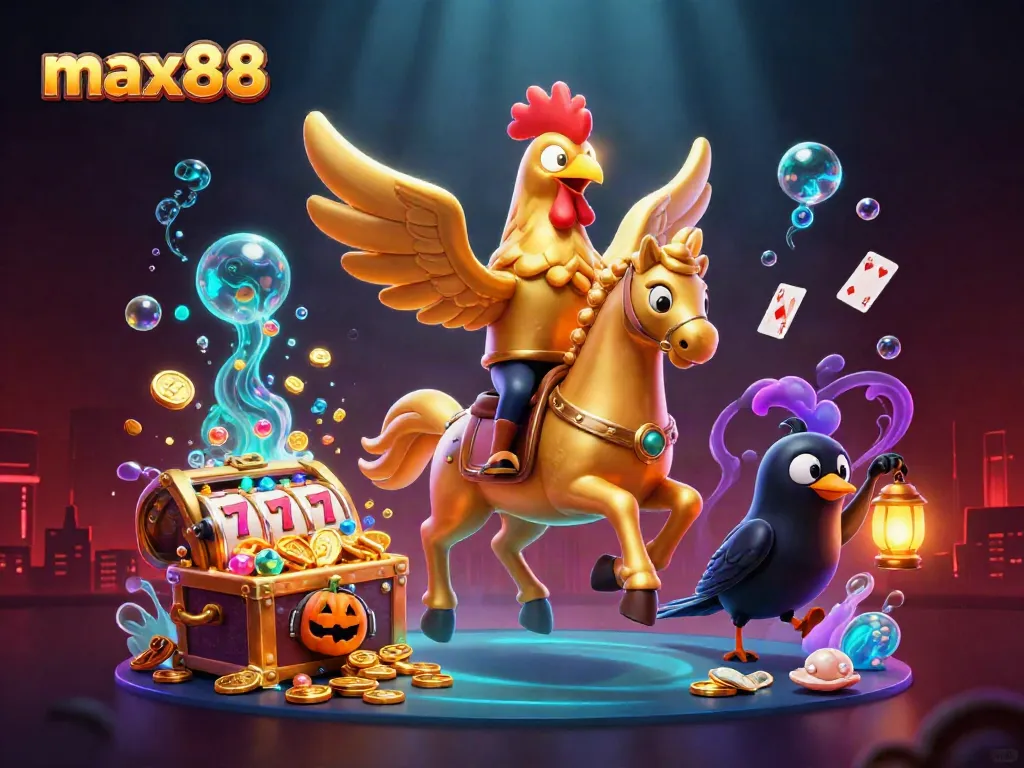 Experience the thrill of max88 in a golden rooster-themed casino scene filled with jackpot elements and vibrant details.