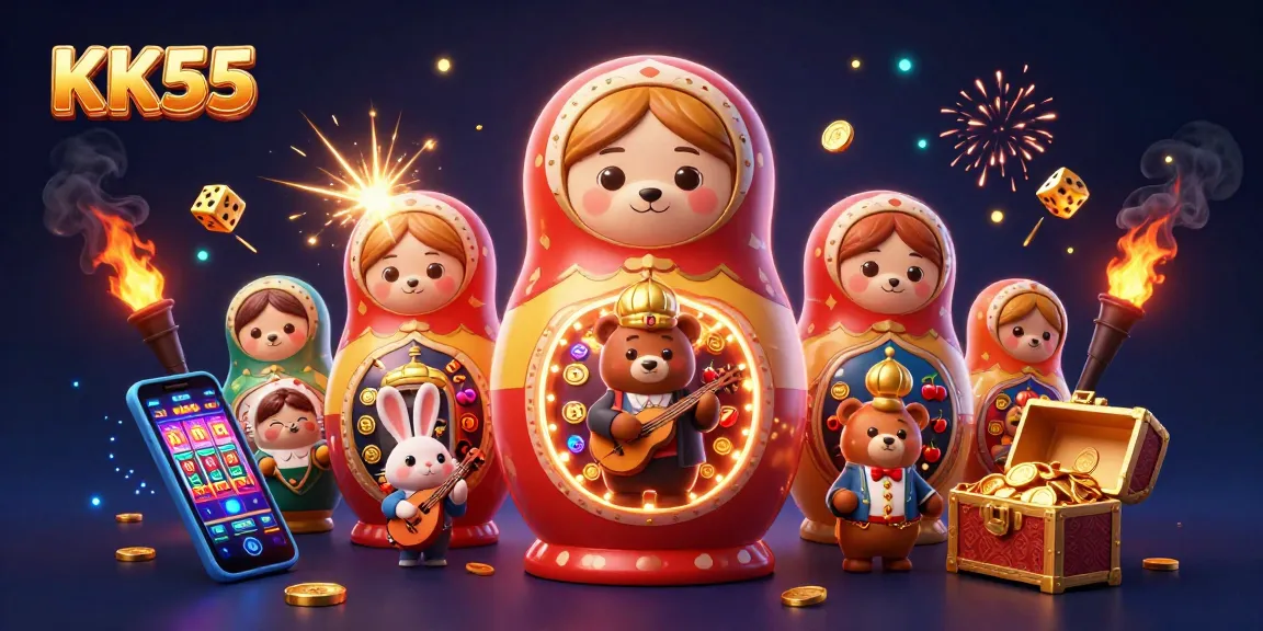 Experience the thrill of KK55 with a vibrant 3D illustration featuring playful casino-themed characters and dazzling game elements.