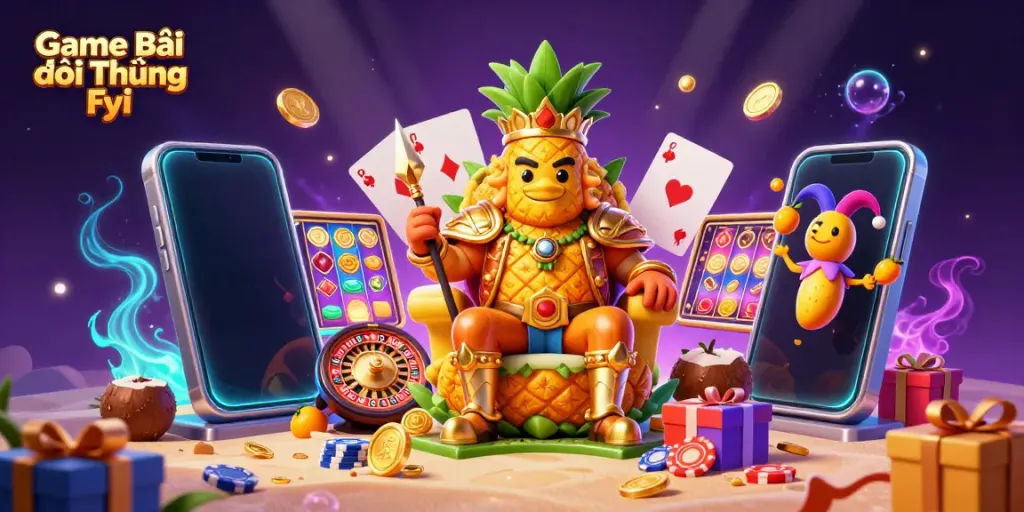 Experience gaming excitement with Game Bài Đổi Thưởng Fyi, featuring a fun filled casino scene.