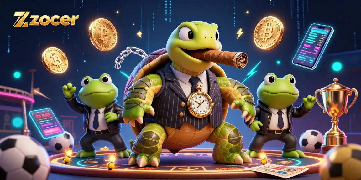 Zoccer sports betting scene with a turtle in a suit among dynamic gambling elements.