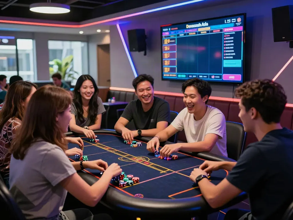 Dewacash Asia gaming lounge with friends enjoying live betting experience.