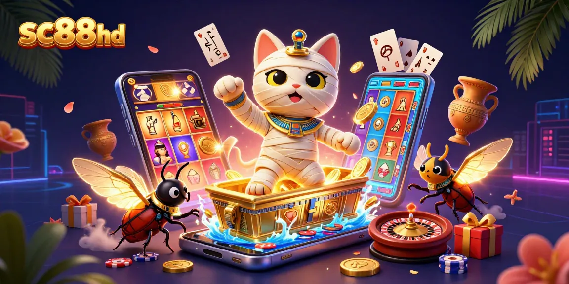Experience thrilling gameplay with sc88hd as a mummy cat bursts from a casino sarcophagus.