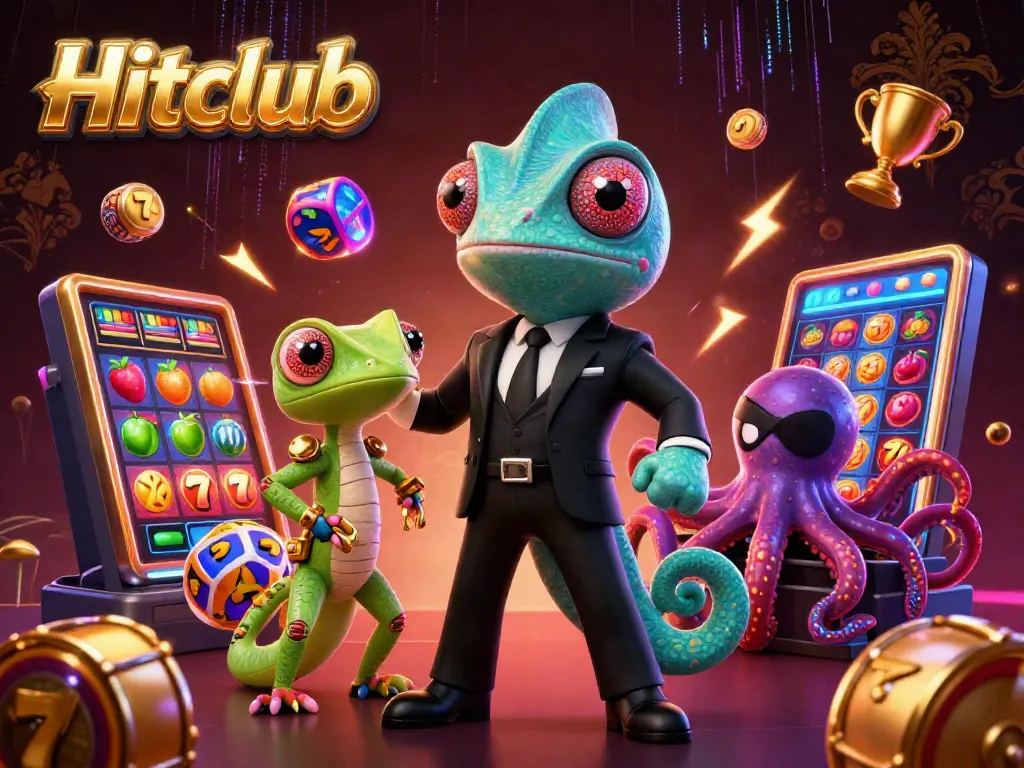 Experience thrilling gameplay at Hitclub with a vibrant 3D illustration depicting a colorful slots adventure with dynamic characters and elements.