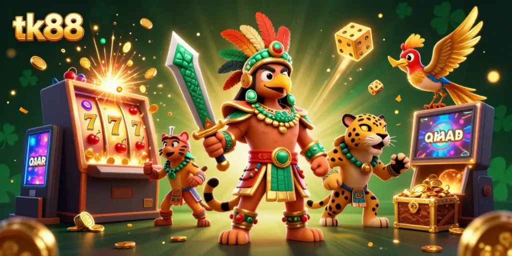 Experience the excitement of tk88 with an Aztec warrior and jackpot-themed casino scene.