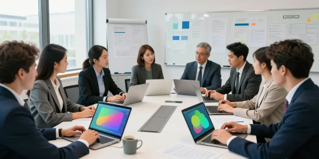 Professionelle Besprechung zur Firmenauflösung Wien in einem modernen Büro mit engagierten Teammitgliedern.