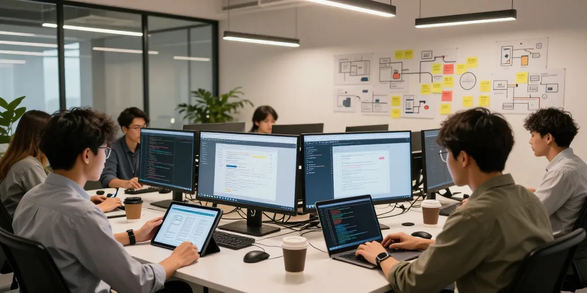 Entwickler, die in einem modernen Arbeitsbereich zusammenarbeiten, um Eigene Webanwendung erstellen lassen mit Tablets, Laptops und visuellen Designs.
