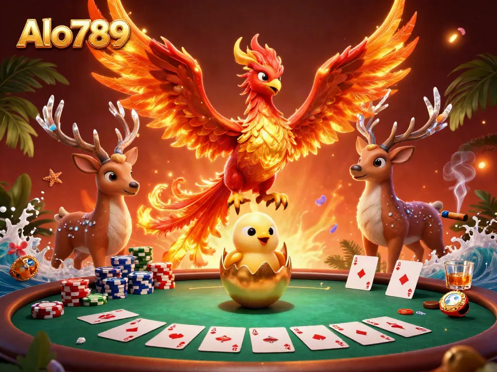 Alo789 phoenix rising in a vibrant casino scene filled with poker elements.