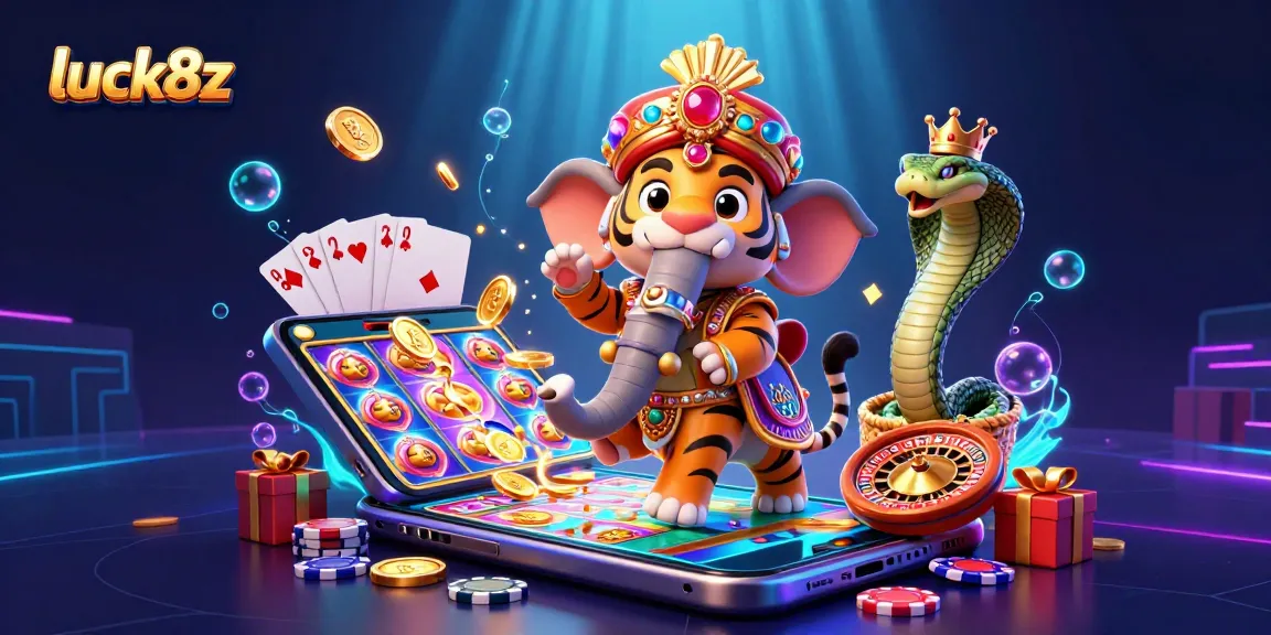 Experience vibrant gaming action with luck8z, featuring a cartoon maharaja tiger, jewel-encrusted elephant, and dynamic casino elements.