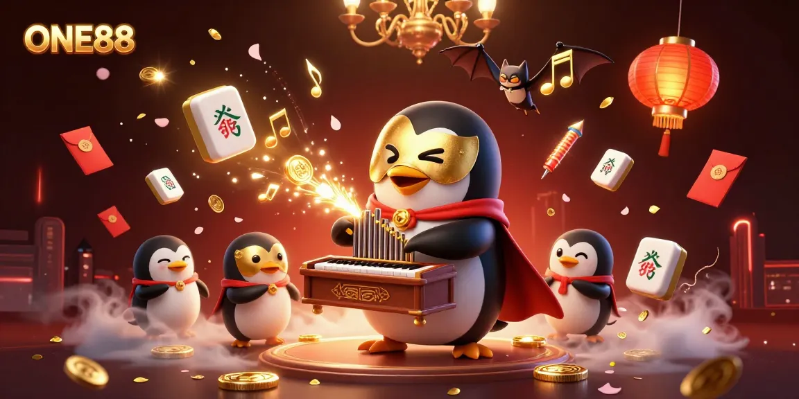 Experience thrilling wins with ONE88 as a cartoon penguin plays for coins amidst festive decorations.