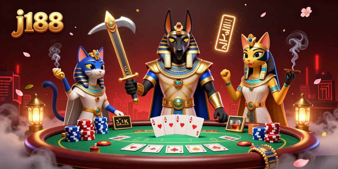 Experience the excitement of j188 poker with Anubis and Bastet in a dynamic casino scene.