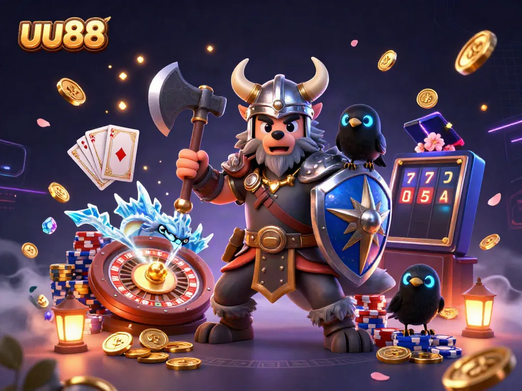 uu88 Viking wolf warrior and dragon in a dynamic casino scene with coins and cards.