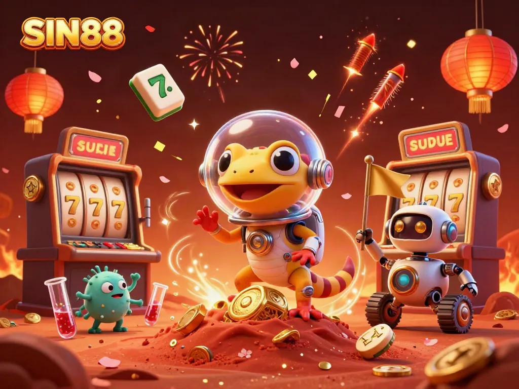 SIN88 offers an exciting casino experience with a cartoon Martian gecko discovering gold among festive elements.