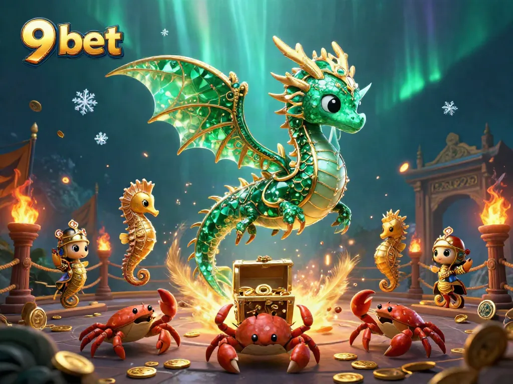 Win big with 9 bet in a rich underwater casino illustration featuring a sea dragon amidst treasure and vibrant game elements.