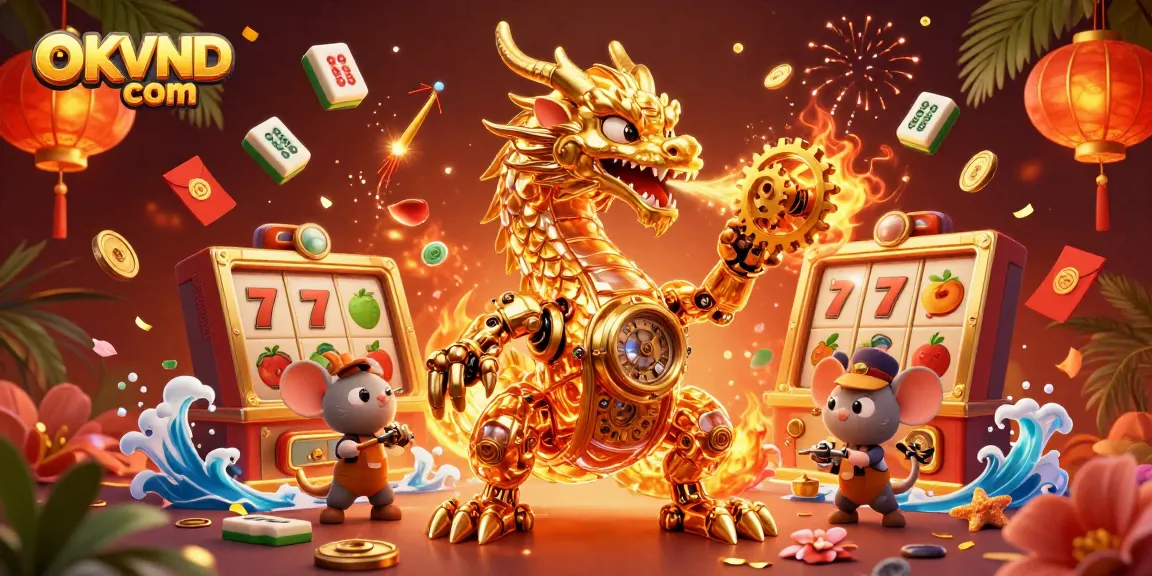 Engage with thrilling slots at OKVND com featuring a golden dragon and stunning game elements.