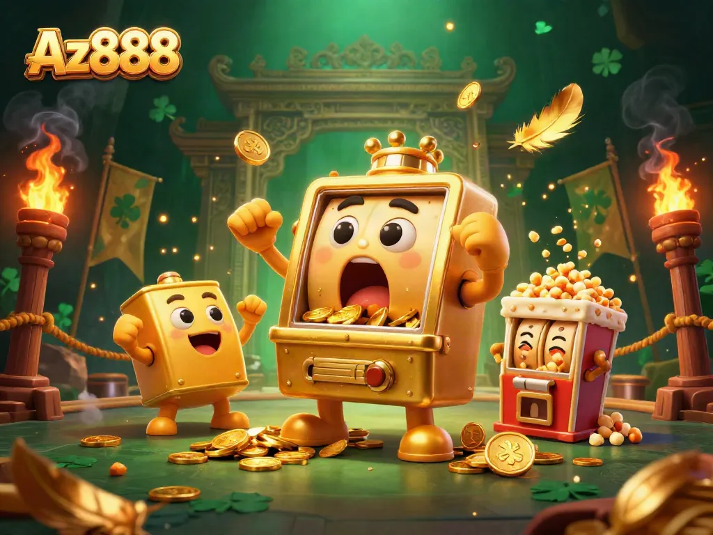 Experience the excitement of Az888 with a golden slot machine celebrating a jackpot amidst a vibrant casino scene.