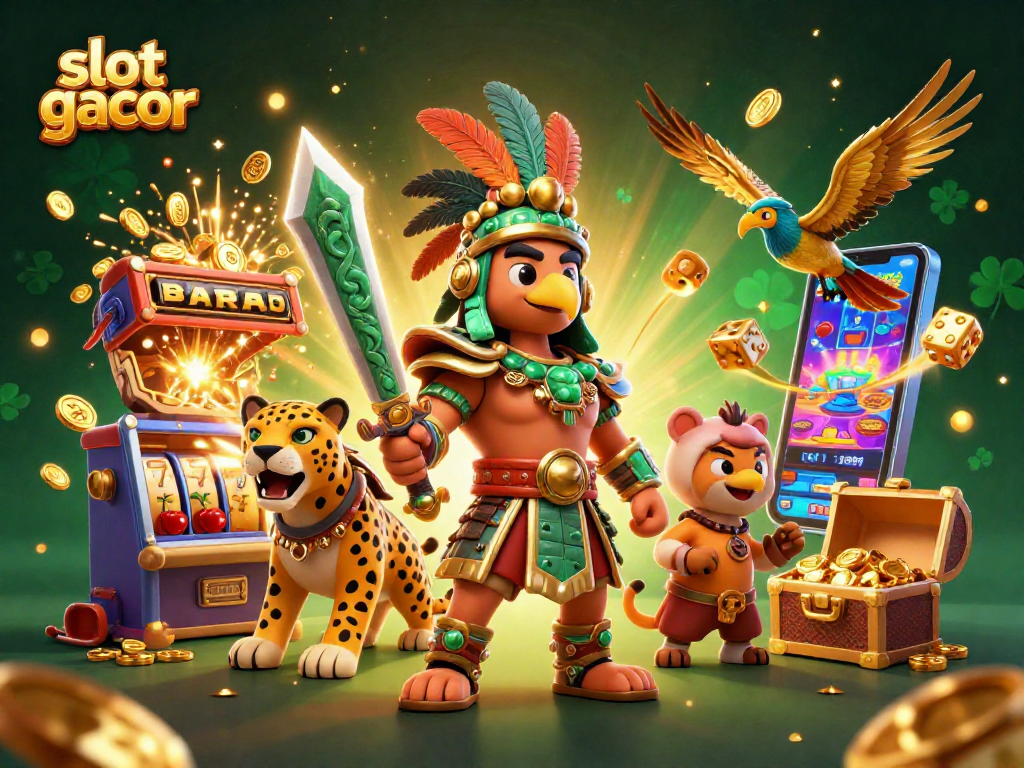 Experience the thrill of slot gacor with vibrant characters, jackpots, and casino elements bursting from a slot machine.