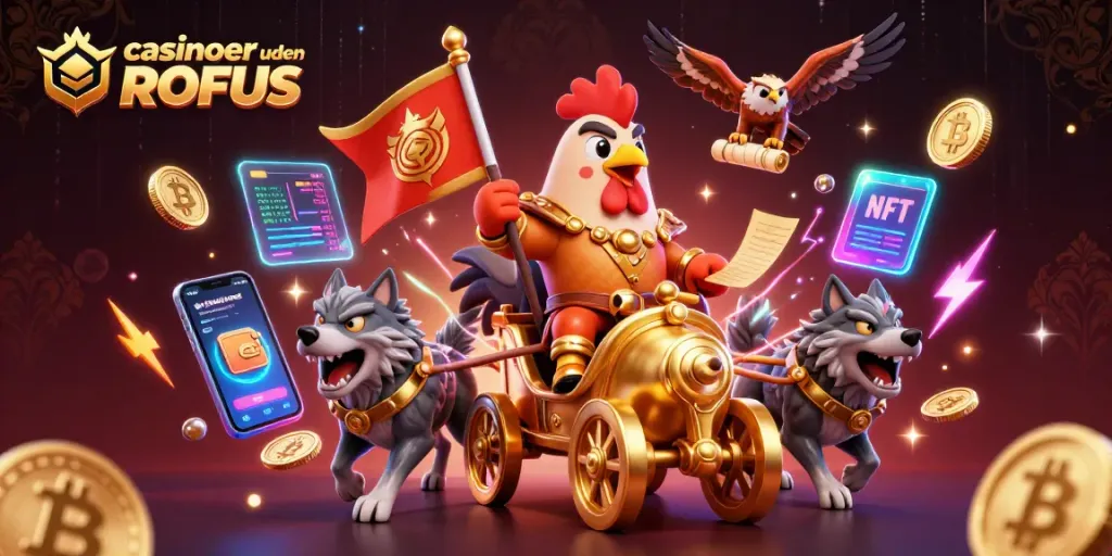 Engage with casinoer uden ROFUS through an epic scene with a rooster warlord and 3D crypto elements.