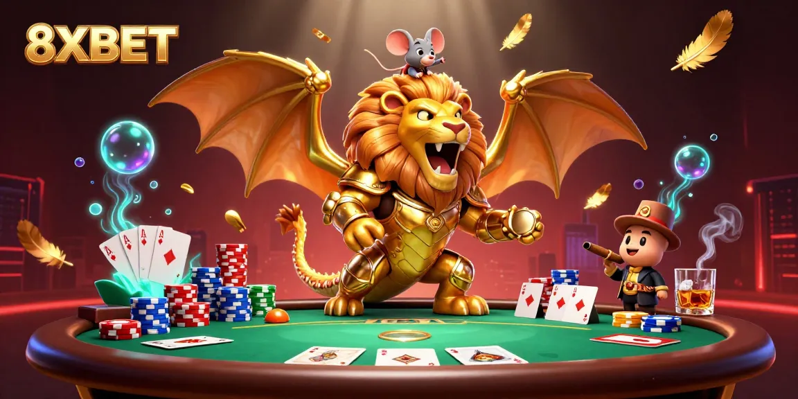Experience thrilling gameplay at 8XBET with poker action and golden chimera characters in a vibrant casino