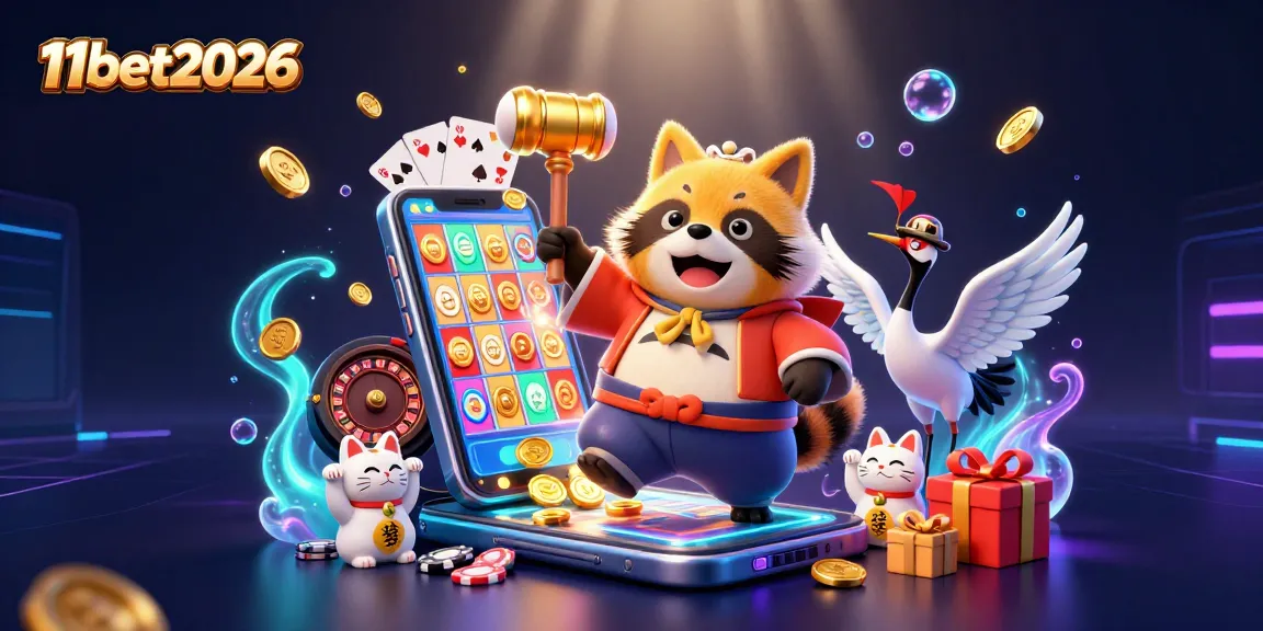 Experience the vibrant excitement of 11bet2026 with a lively casino scene showcasing festive characters and gaming elements.