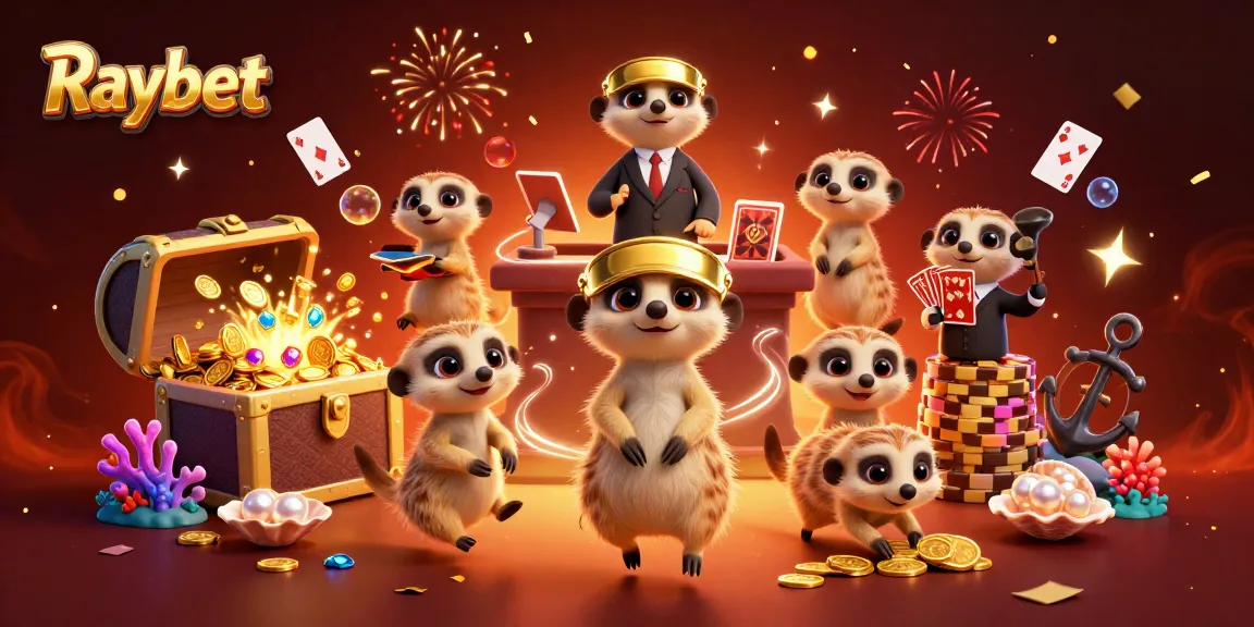 Raybet meerkats operating a lively casino with vibrant game elements and celebrations.