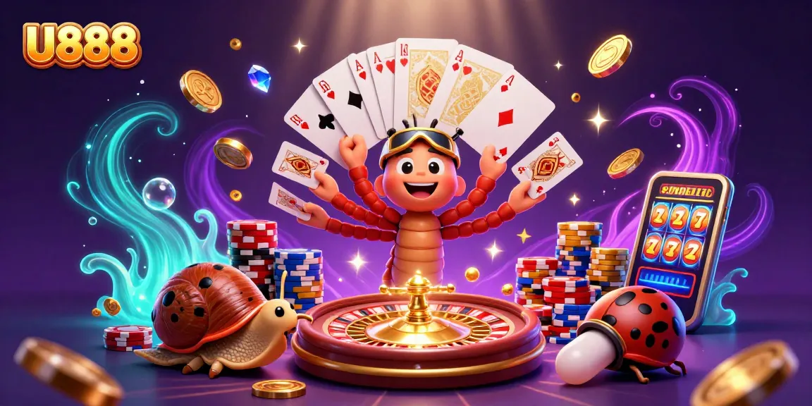 U888 dealer showcases vibrant games with gold coins and cards in an exciting casino scene.