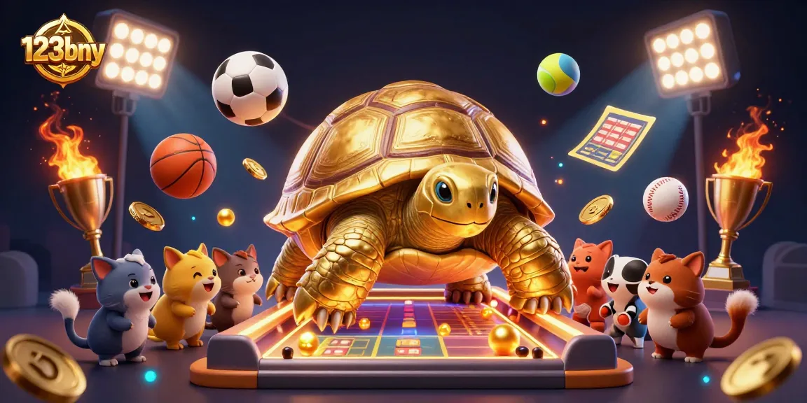 Experience thrilling games at 123bny with golden tortoise jackpot machine and vibrant sports elements.