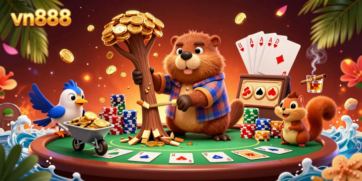 Engage with vn888's immersive gaming scene featuring animated characters and exhilarating poker elements.