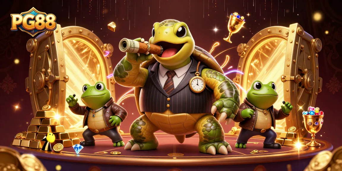 Experience thrilling gameplay at PG88 with a cartoon snapping turtle and bullfrog enforcers amidst golden treasures.