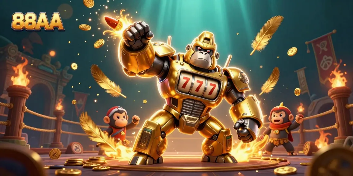 Experience the thrill of 88AA casino with a dynamic golden gorilla mech surrounded by slot games and betting elements.