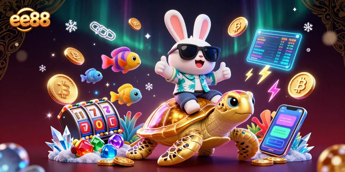 Engage in gaming fun at ee88 with a vibrant lucky rabbit and golden sea turtle in a dazzling casino scene.