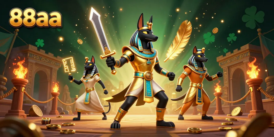 88aa showcases an exhilarating scene with Anubis and Bastet amid glowing hieroglyphs and casino elements.