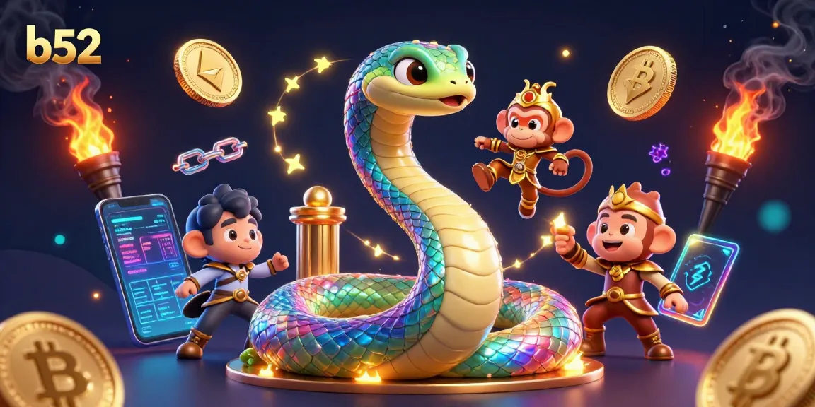 Engage in thrilling games with b52, featuring vibrant 3D characters and glowing crypto elements.