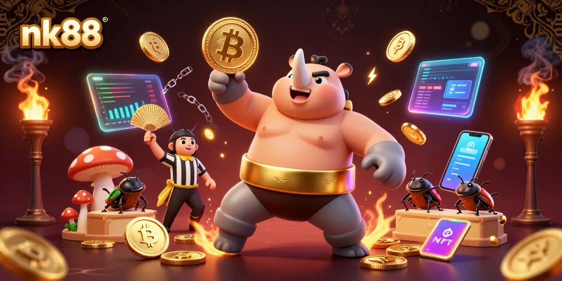 Witness the nk88 rhinoceros beetle champion stomp in a vibrant, crypto-themed casino scene.