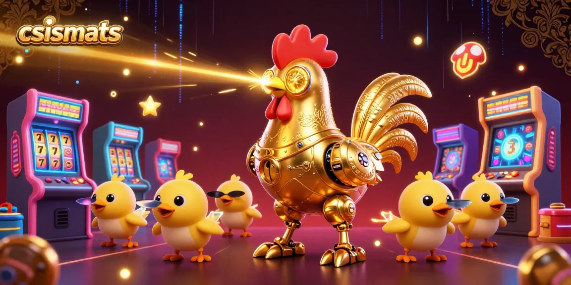 csismarts showcases a vibrant 3D casino scene with a futuristic rooster robot and arcade games.